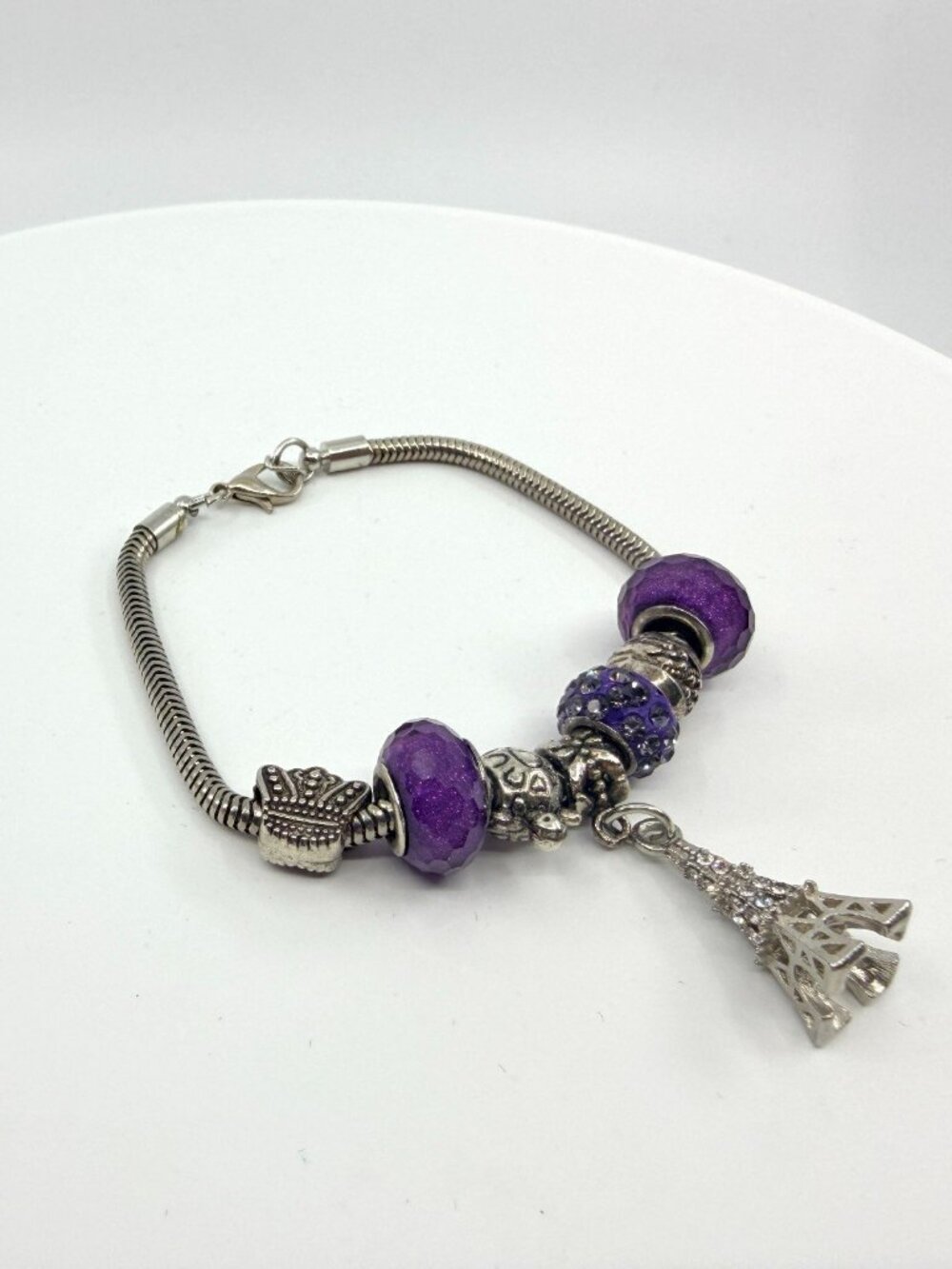 VTG Silver Tone Purple Charm Bracelet Eiffel Tower Crown Rhinestone Snake Chain